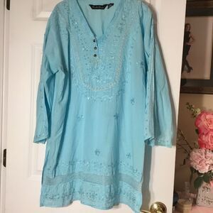 Double Decker Women’s Size Plus Light Turquoise Tunic Top with Embroidery Detail